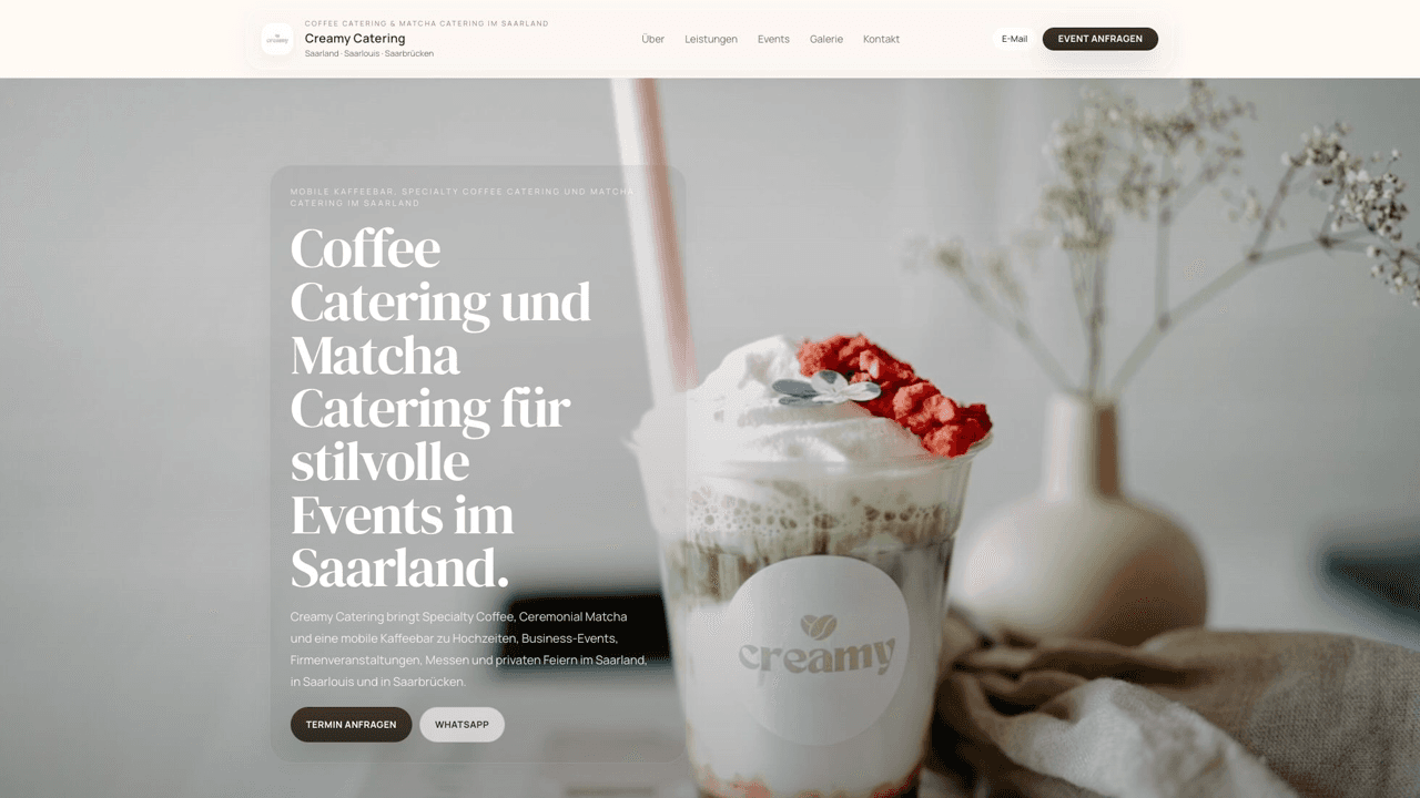 Startseite von Creamy Catering mit Coffee Catering und Matcha Catering