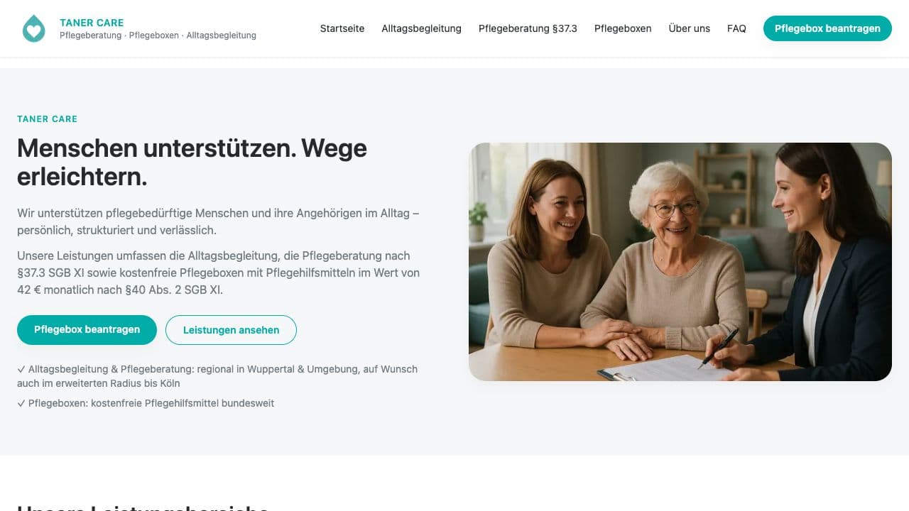 Startseite der Taner Care Gruppe für Pflege und Alltagsbegleitung