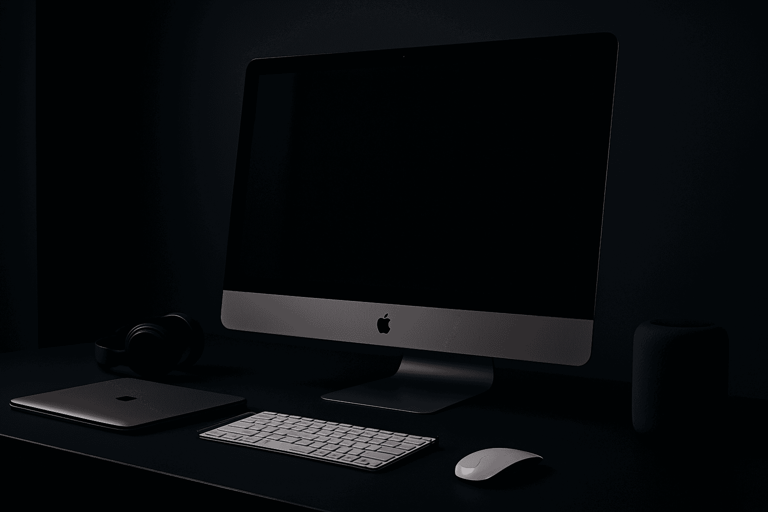 Modernes Webstudio in dunkler, hochwertiger Lichtstimmung